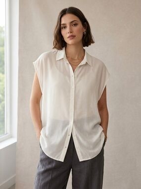 Lefties White Sleeveless Button Down Shirt XL Blouse Semi Sheer Casual Chic